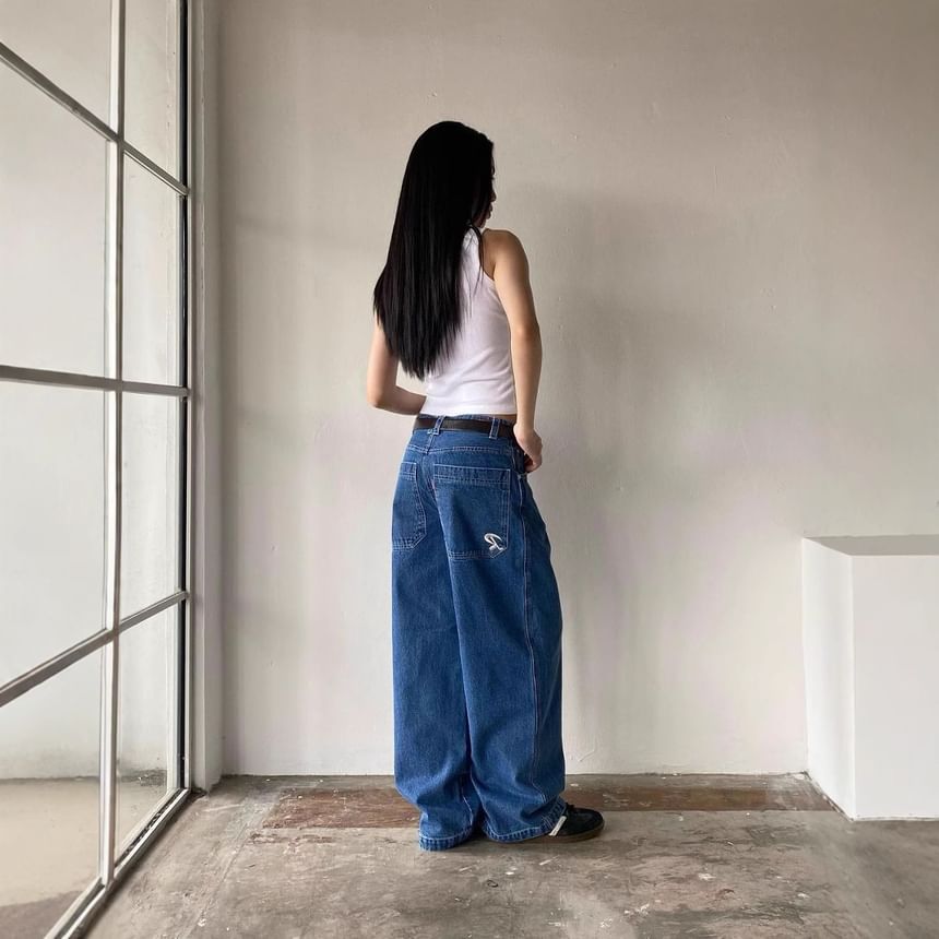 Jeans Wide-Leg Low Rise Loose-Fit Washed