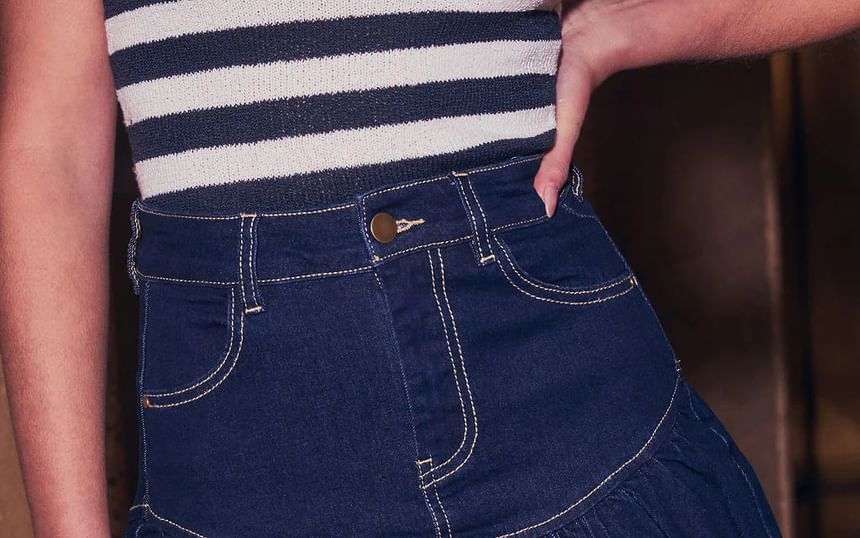 Cropped Zip-Up Jacket Mini High Denim Waist Sleeve Long A-Line Washed Skirt /