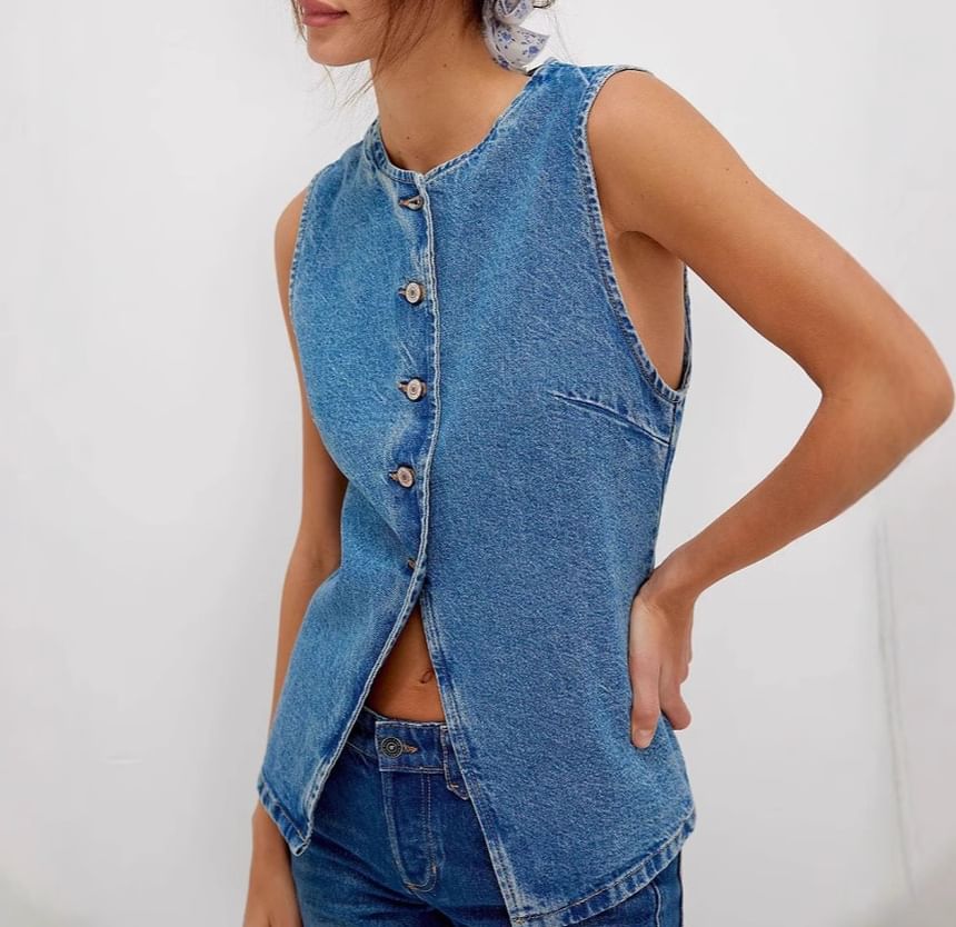 Slim-Fit Washed Denim Button-Up Tank Top