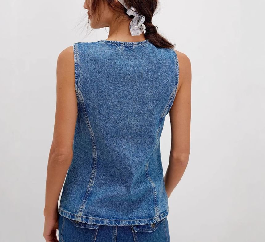 Slim-Fit Washed Denim Button-Up Tank Top