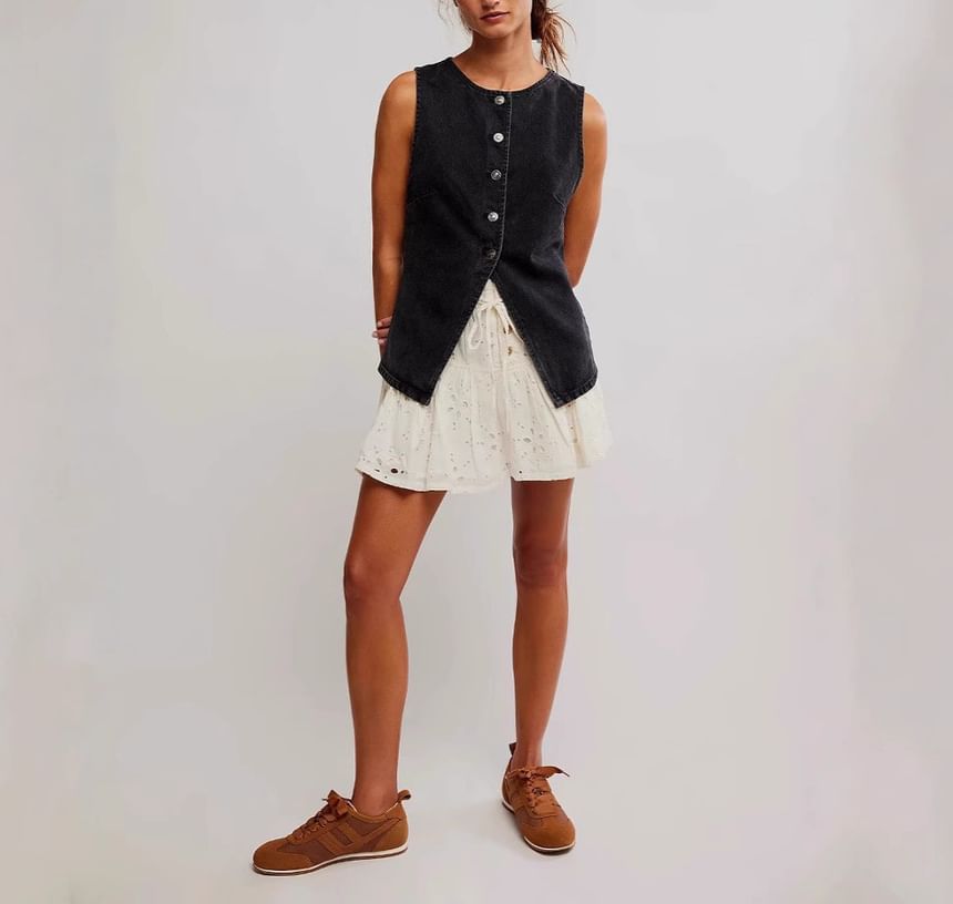 Slim-Fit Washed Denim Button-Up Tank Top