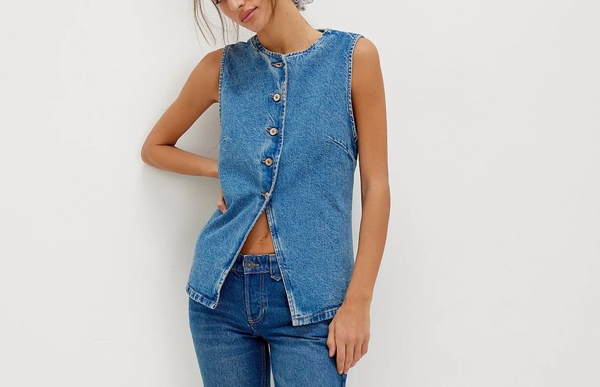 Slim-Fit Washed Denim Button-Up Tank Top