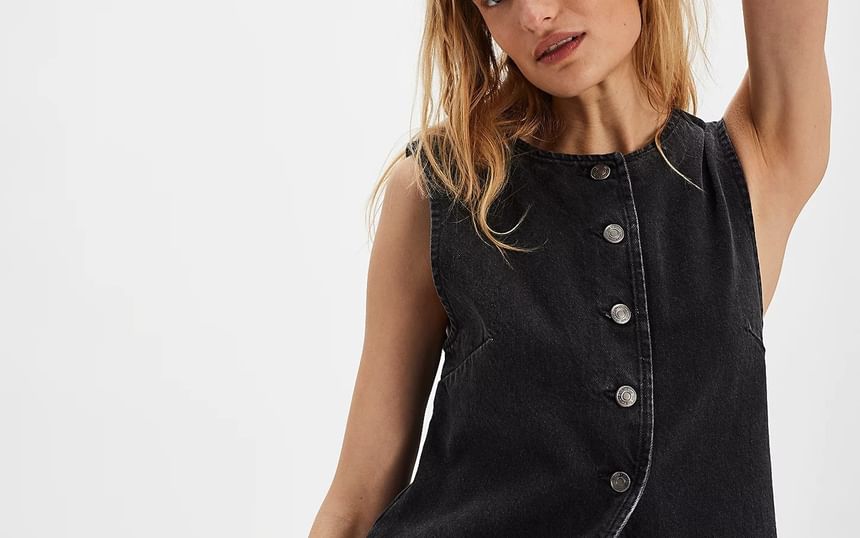 Slim-Fit Washed Denim Button-Up Tank Top