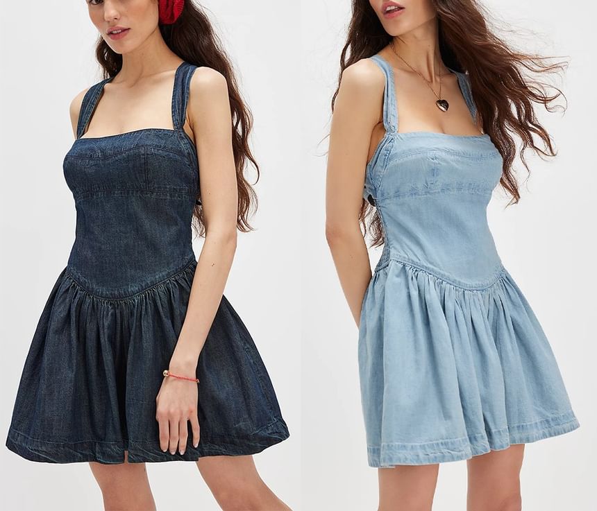 Washed Dress Denim Square-Neck Mini Slim-Fit Sleeveless