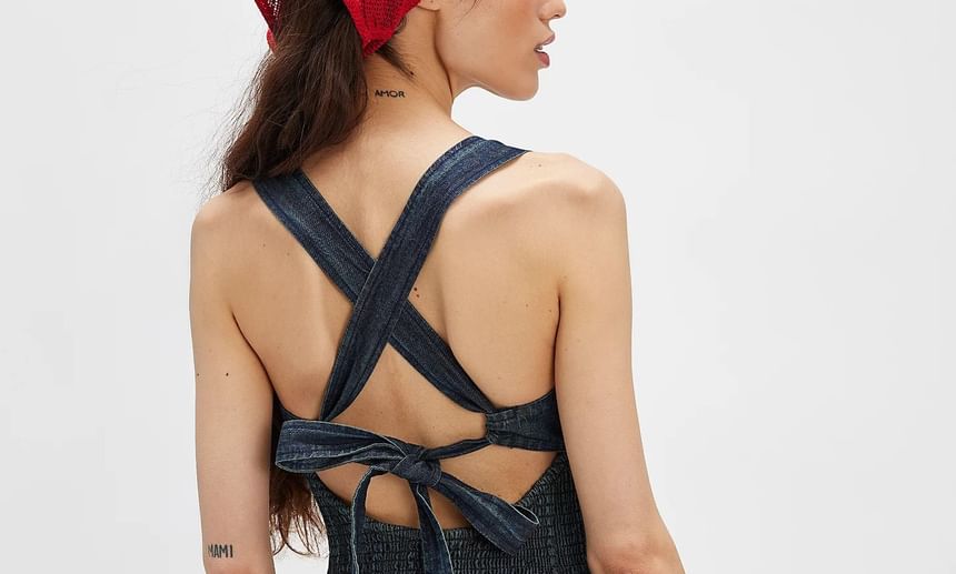 Washed Dress Denim Square-Neck Mini Slim-Fit Sleeveless