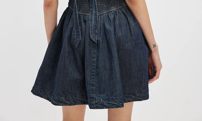 Washed Dress Denim Square-Neck Mini Slim-Fit Sleeveless