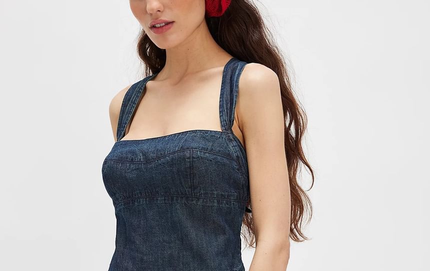 Washed Dress Denim Square-Neck Mini Slim-Fit Sleeveless