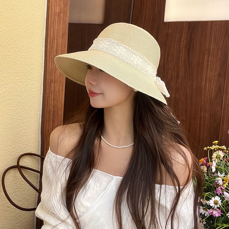 Bucket Lace Straw Ribbon Hat