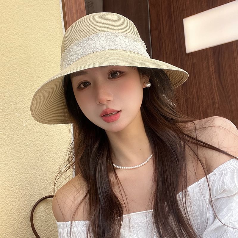 Bucket Lace Straw Ribbon Hat