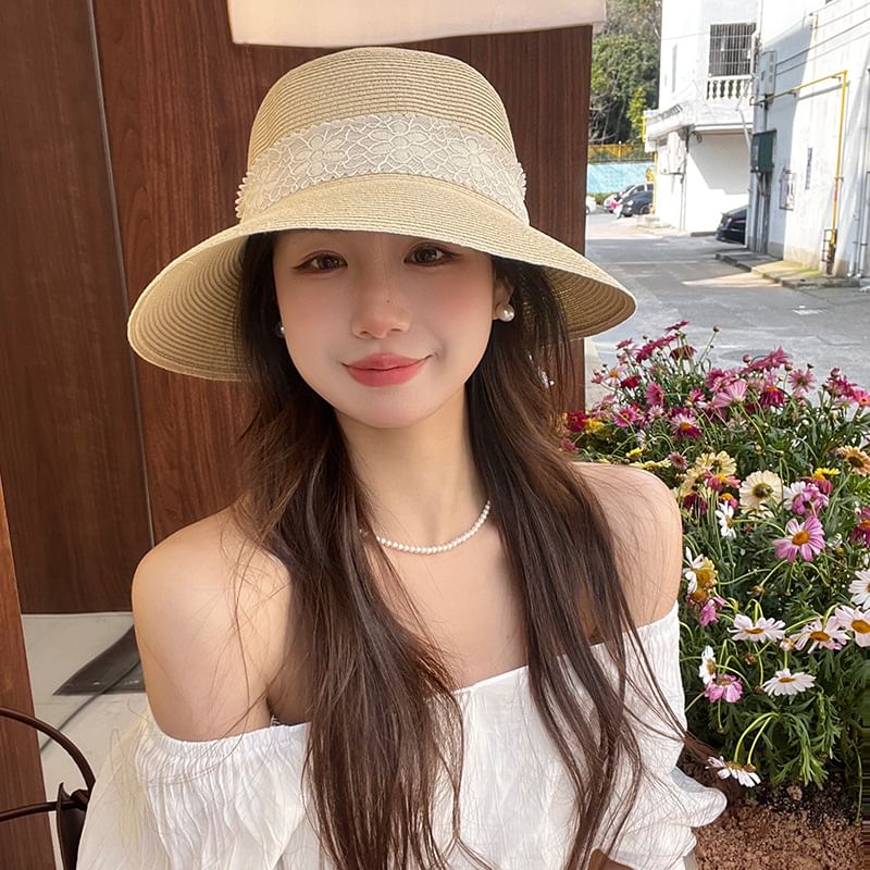 Bucket Lace Straw Ribbon Hat