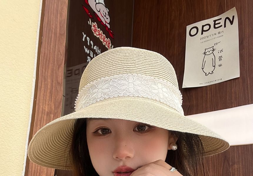 Bucket Lace Straw Ribbon Hat