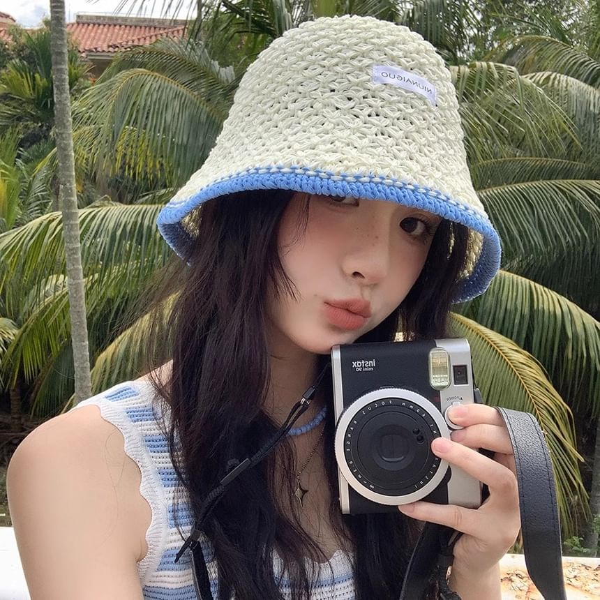 Hat Lettering Bucket Contrast Knit Applique Trim