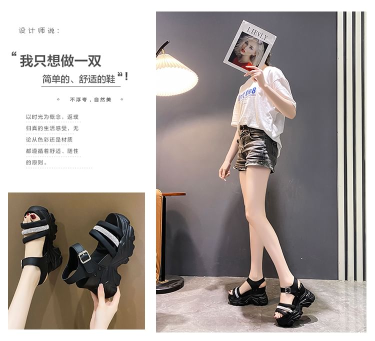 Platform Sandals Rhinestone Strappy Chunky Heel