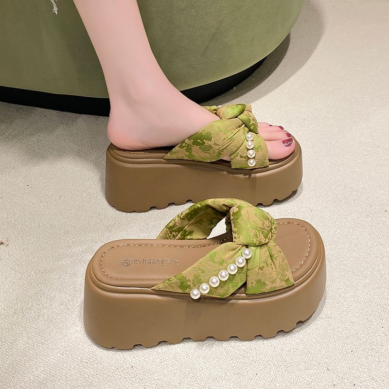 Sandals Faux Platform Patterned Pearl Slide Knot