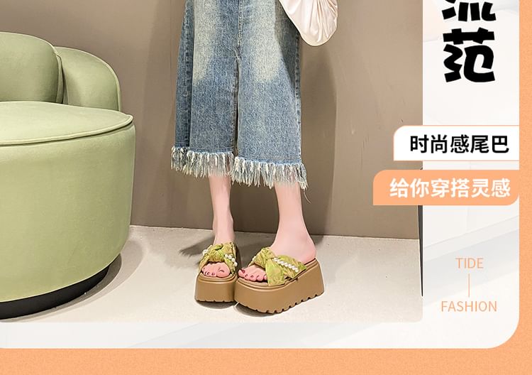 Sandals Faux Platform Patterned Pearl Slide Knot