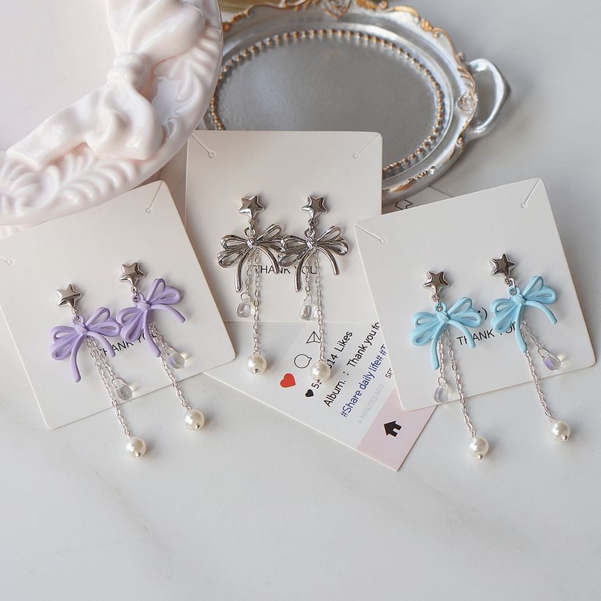 Drop Bow Sterling 925 Clip-On Earring Silver / Pearl Faux