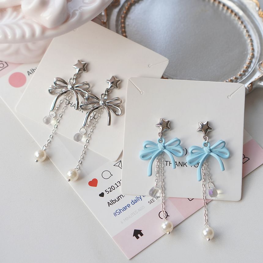 Drop Bow Sterling 925 Clip-On Earring Silver / Pearl Faux