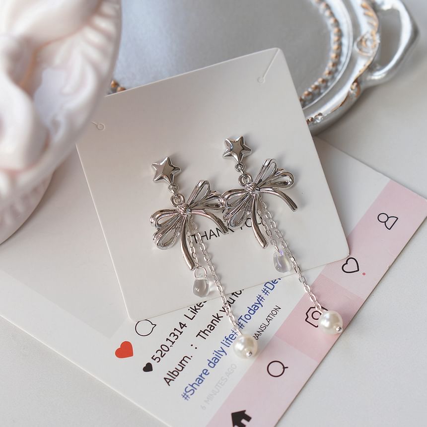 Drop Bow Sterling 925 Clip-On Earring Silver / Pearl Faux