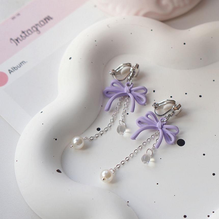 Drop Bow Sterling 925 Clip-On Earring Silver / Pearl Faux