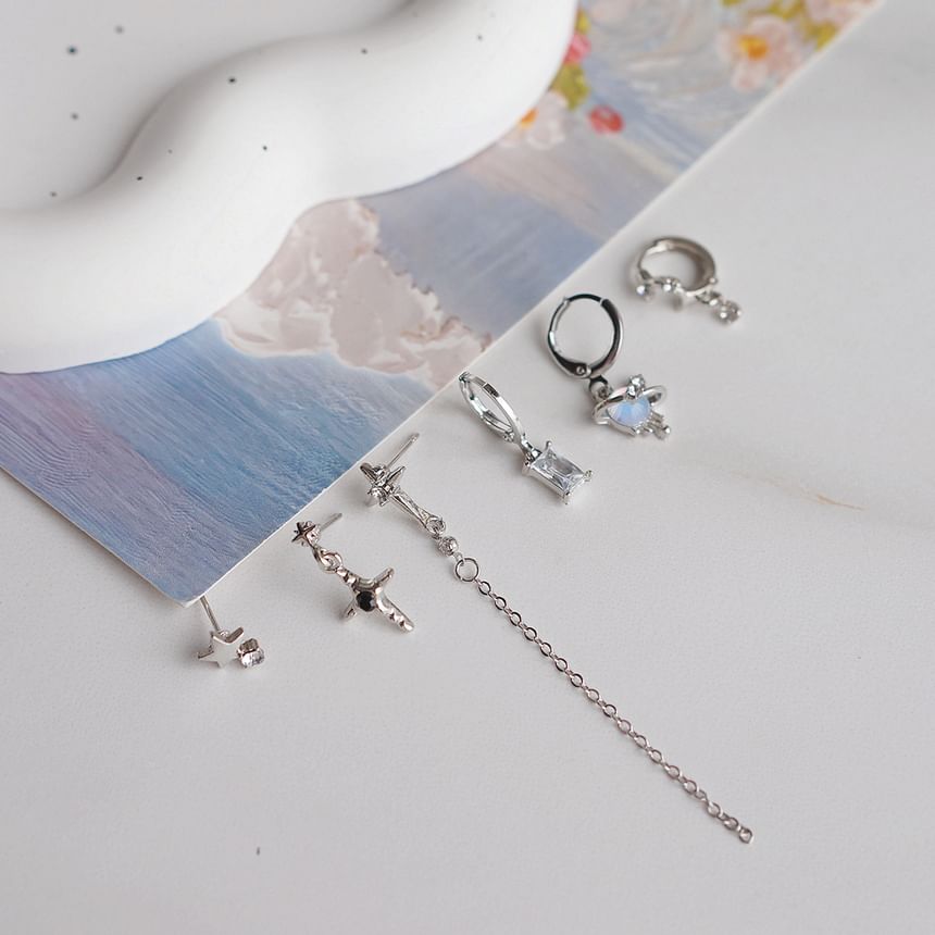 of Set Huggie Sterling Earring Dangle + Silver 6: 925 Rhinestone Drop