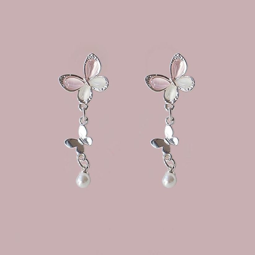Sterling 925 Earring Butterfly Faux Drop Clip-On Pearl Silver /