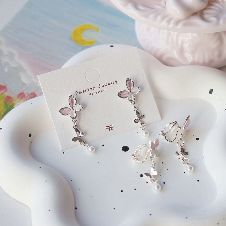 Sterling 925 Earring Butterfly Faux Drop Clip-On Pearl Silver /