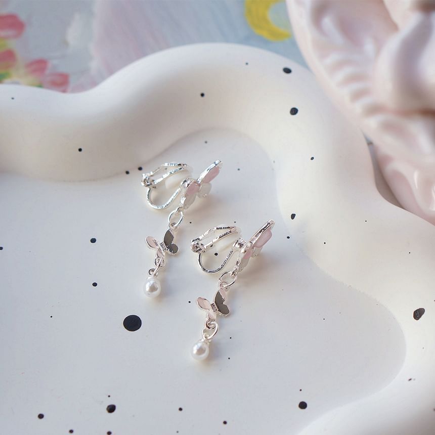 Sterling 925 Earring Butterfly Faux Drop Clip-On Pearl Silver /