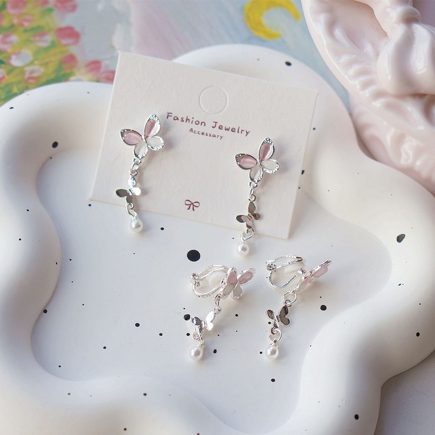 Sterling 925 Earring Butterfly Faux Drop Clip-On Pearl Silver /