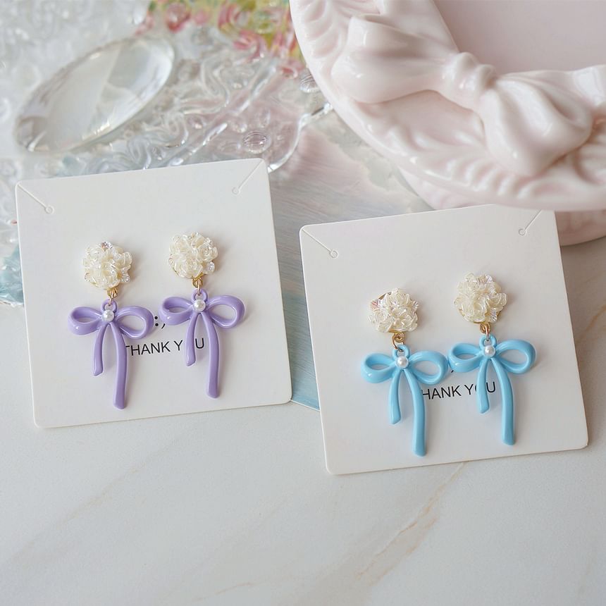 Flower Clip-On Bow 925 Sterling / Silver Earring Drop