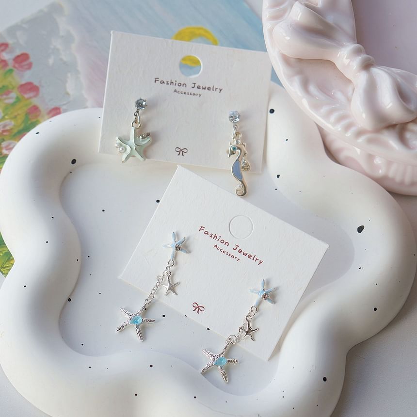 Sterling Clip-On Rhinestone / Drop Silver Starfish 925 Earring