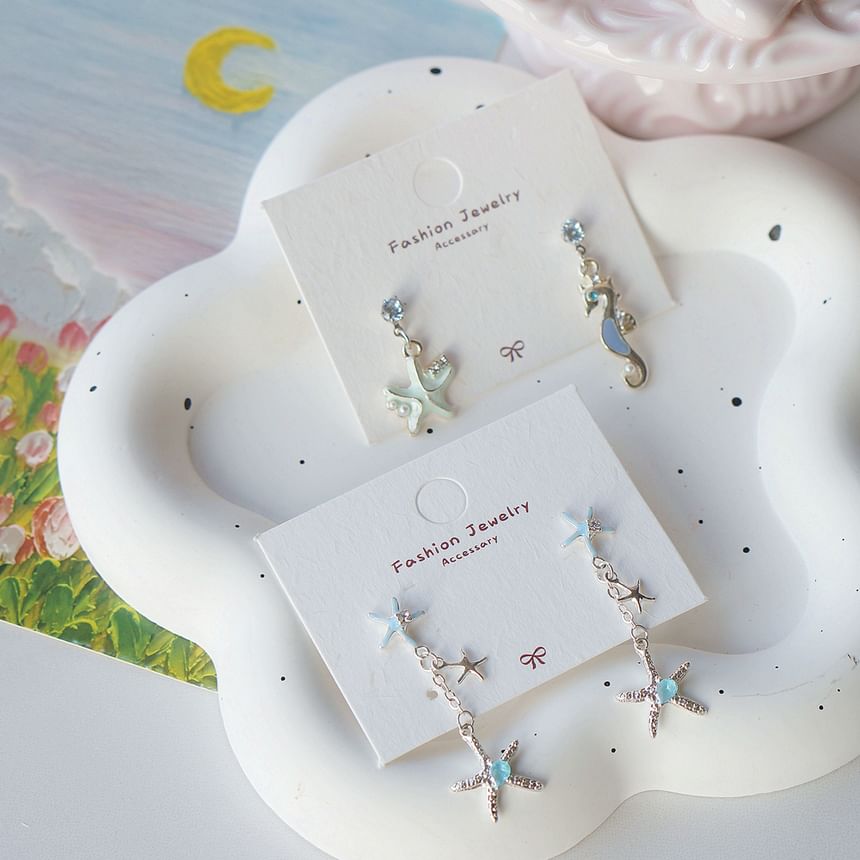 Sterling Clip-On Rhinestone / Drop Silver Starfish 925 Earring