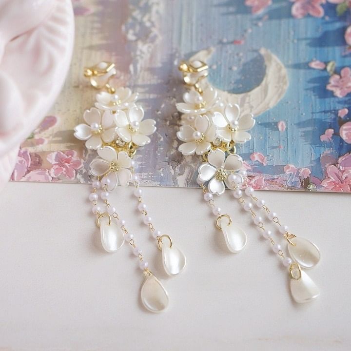 925 Earring Flower Drop Faux Silver Pearl Sterling / Clip-On