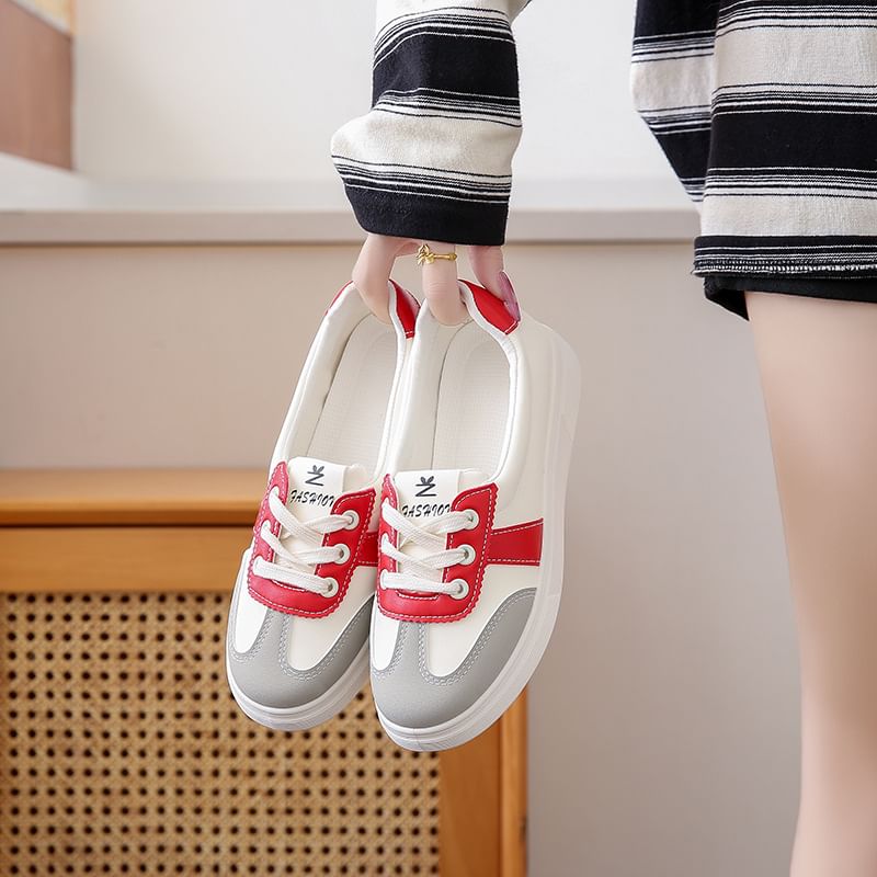 Leather Color Sneakers Block Lace-Up Faux