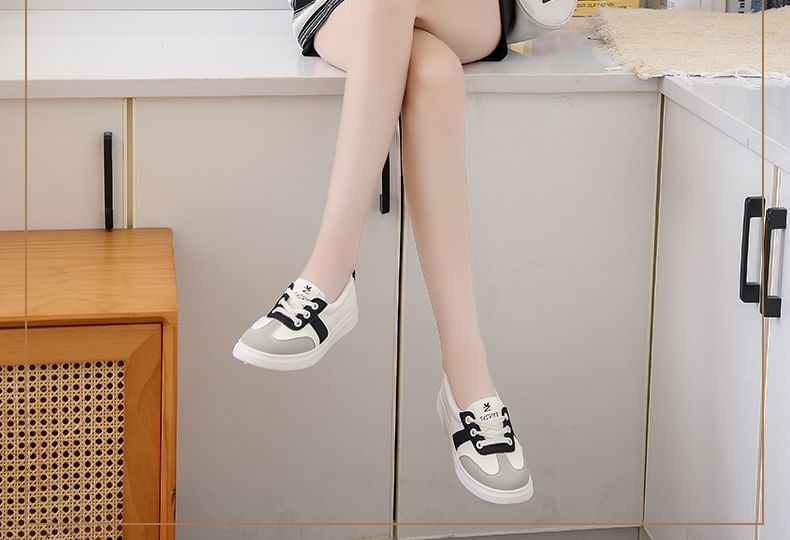 Leather Color Sneakers Block Lace-Up Faux