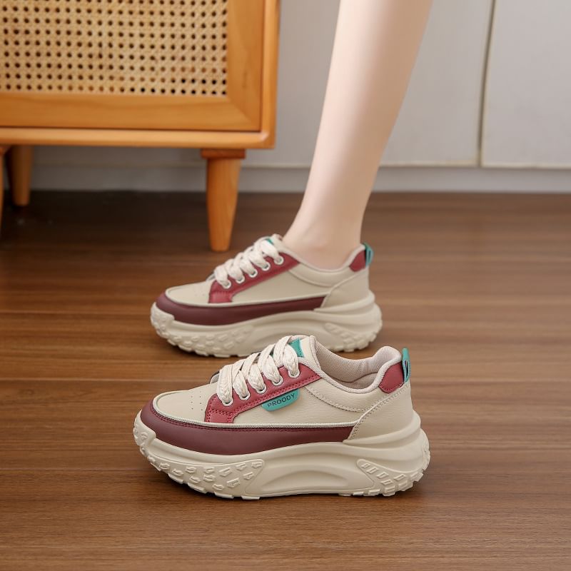 Faux Platform Lace-Up Leather Sneakers