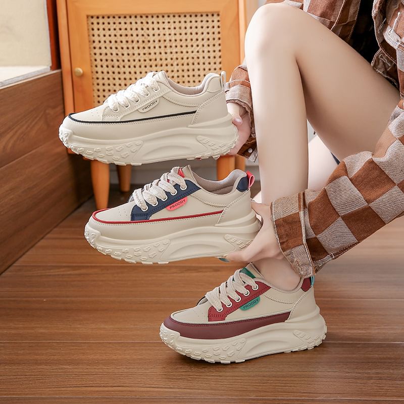 Faux Platform Lace-Up Leather Sneakers