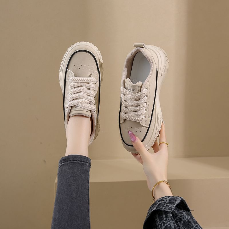 Faux Platform Lace-Up Leather Sneakers