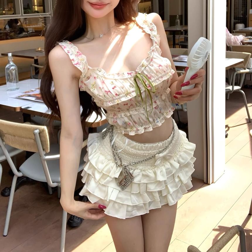 Frill Floral Bow Skirt Elastic A-Line Waist Plain / Top Mini Print Camisole Panel Crop Tiered