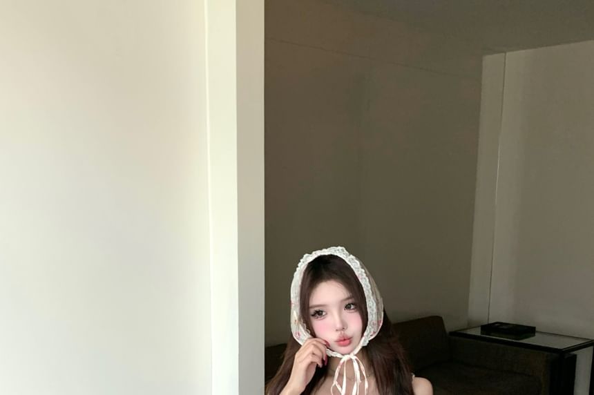 Frill Floral Bow Skirt Elastic A-Line Waist Plain / Top Mini Print Camisole Panel Crop Tiered