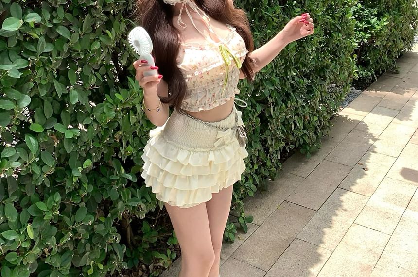 Frill Floral Bow Skirt Elastic A-Line Waist Plain / Top Mini Print Camisole Panel Crop Tiered