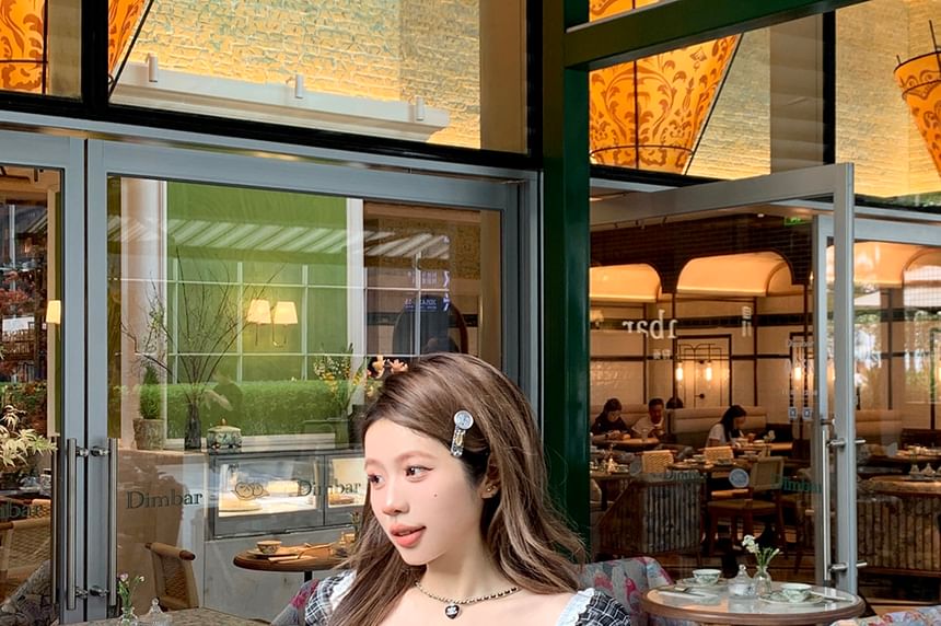 Neck Plaid Sleeve Square Top Short Shirred Bow