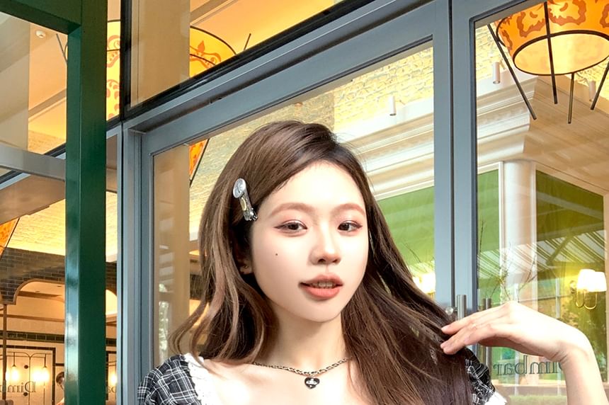 Neck Plaid Sleeve Square Top Short Shirred Bow