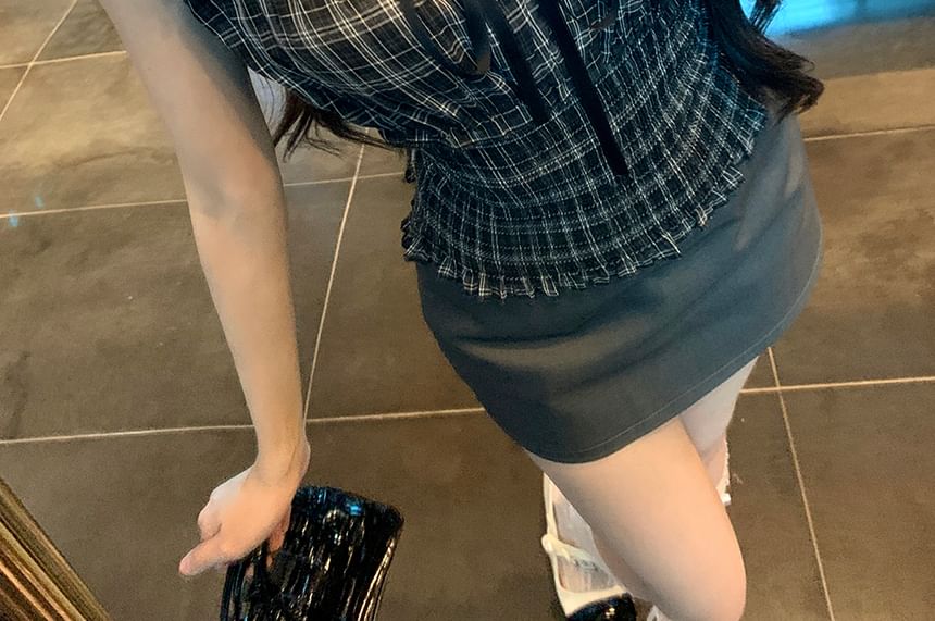 Neck Plaid Sleeve Square Top Short Shirred Bow