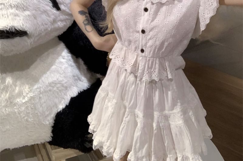 Plain Ruffle Embroidered Blouse Eyelet Sleeve Collared Cap