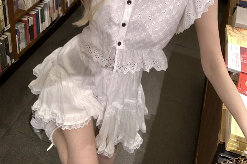 Plain Ruffle Embroidered Blouse Eyelet Sleeve Collared Cap
