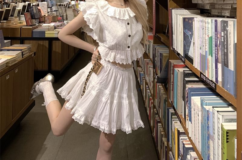 Plain Ruffle Embroidered Blouse Eyelet Sleeve Collared Cap