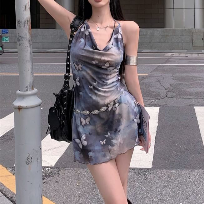 Print Cowl Butterfly Sleeveless A-Line Neck Mini Dress