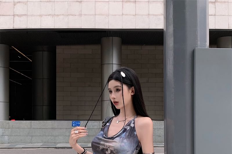 Print Cowl Butterfly Sleeveless A-Line Neck Mini Dress