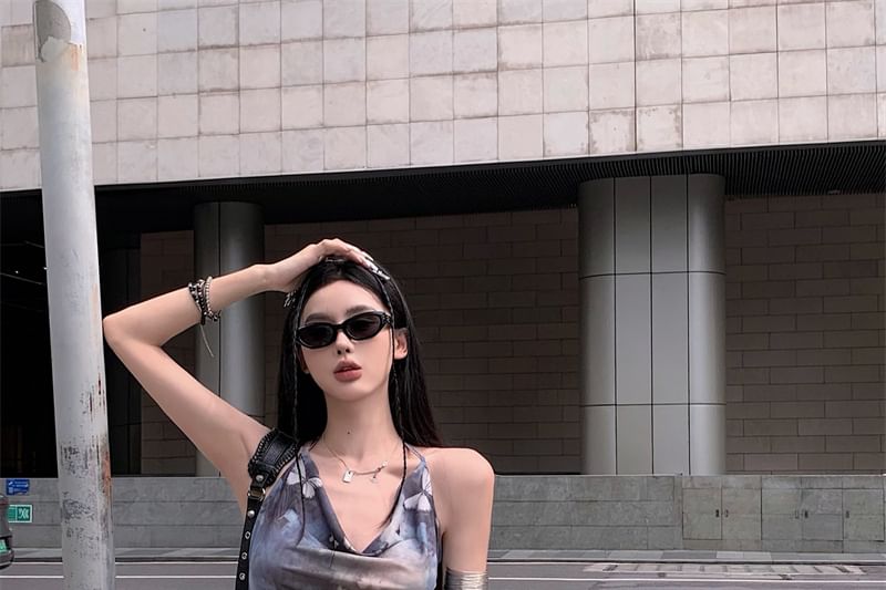 Print Cowl Butterfly Sleeveless A-Line Neck Mini Dress