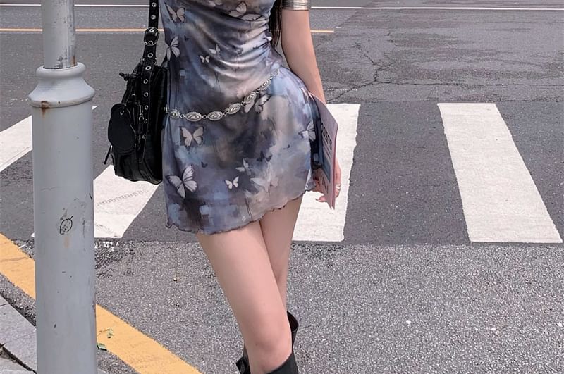 Print Cowl Butterfly Sleeveless A-Line Neck Mini Dress